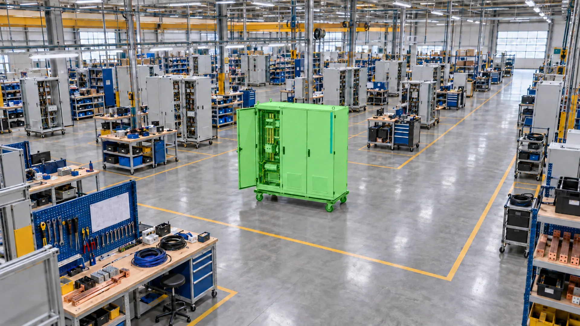 The same still with the switchgear cabinet highlighted in green as the product Vision AI is tracking