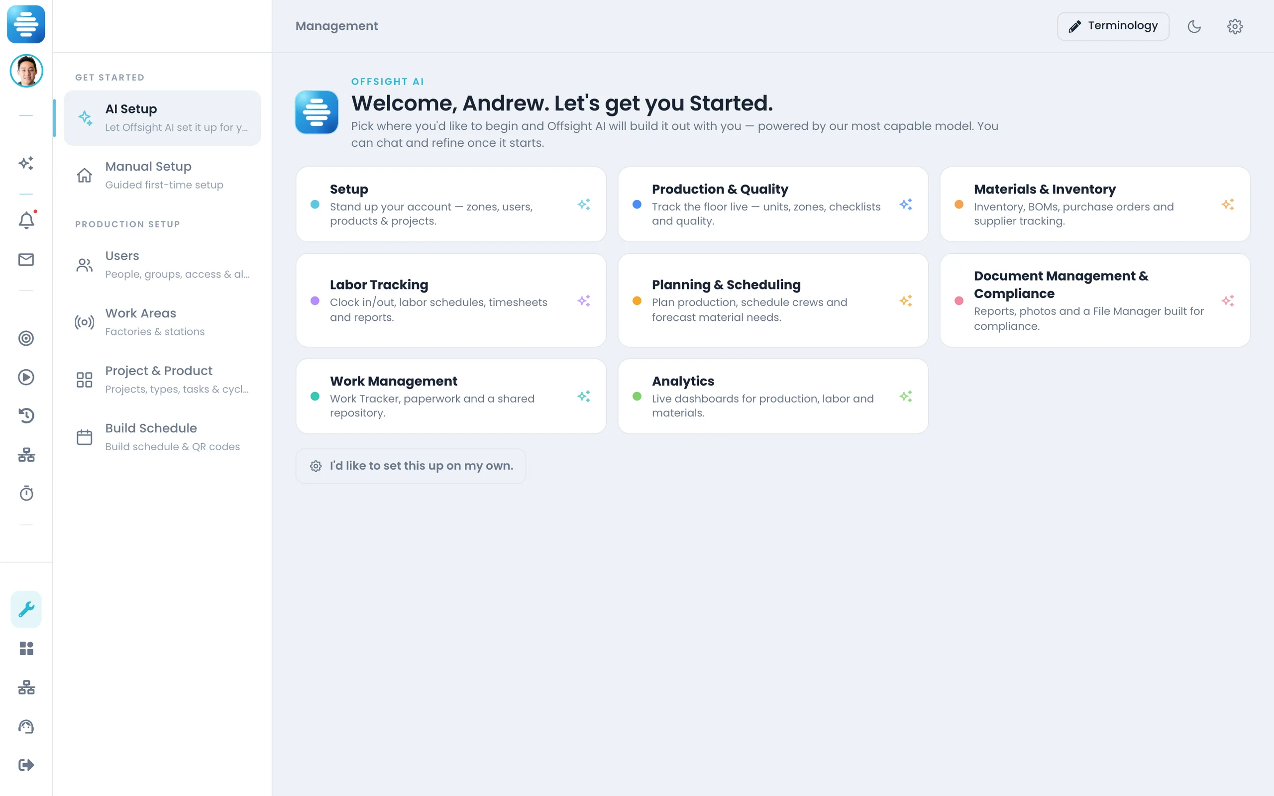 Offsight AI Setup mid-session, standing the factory up from your own documents